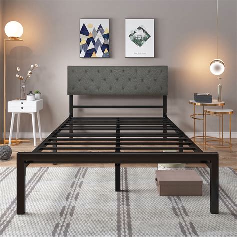 metal bed frame with fabric headboard|platform bed with metal headboard.